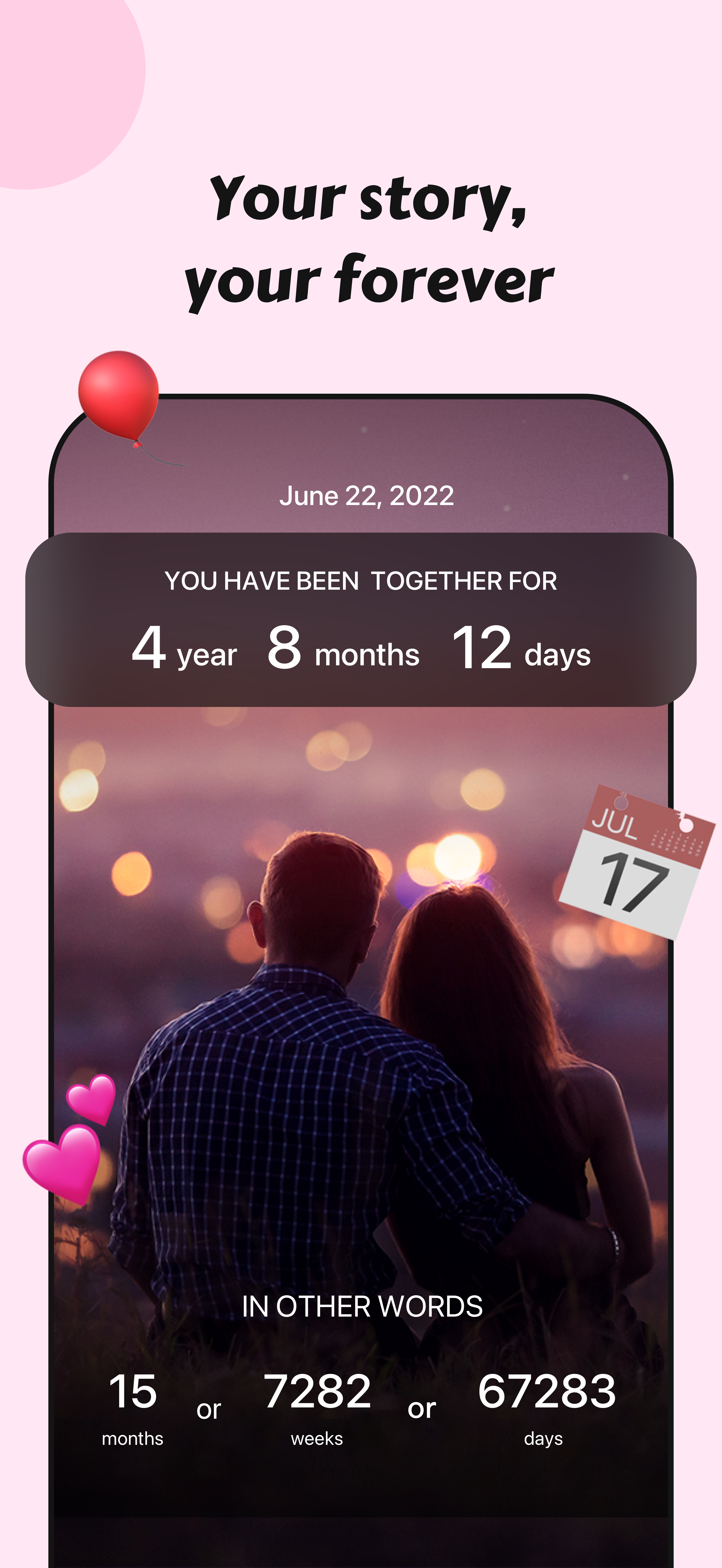 Couple360 app screenshot showing anniversary tracker - displays days together counter and relationship milestones